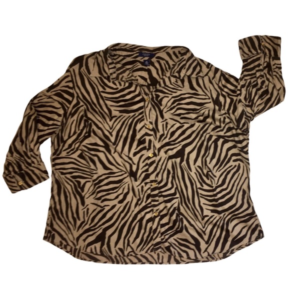 Animal Print Button Down Shirt, Chaps Zebra Print Top, Tiger, 3/4 Sleeve Plus 3x - Picture 5 of 14
